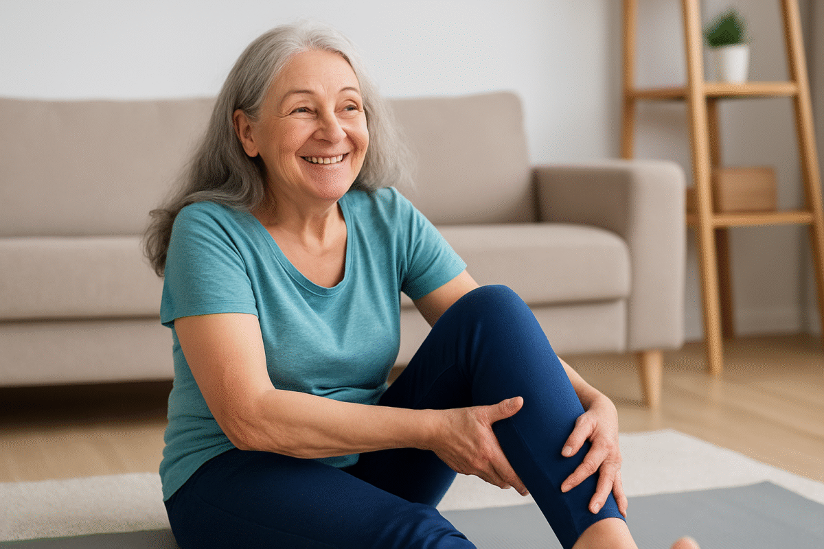 Idosa de cabelos grisalhos sorrindo enquanto realiza automassagem nas pernas, sentada em casa com ambiente acolhedor ao fundo.